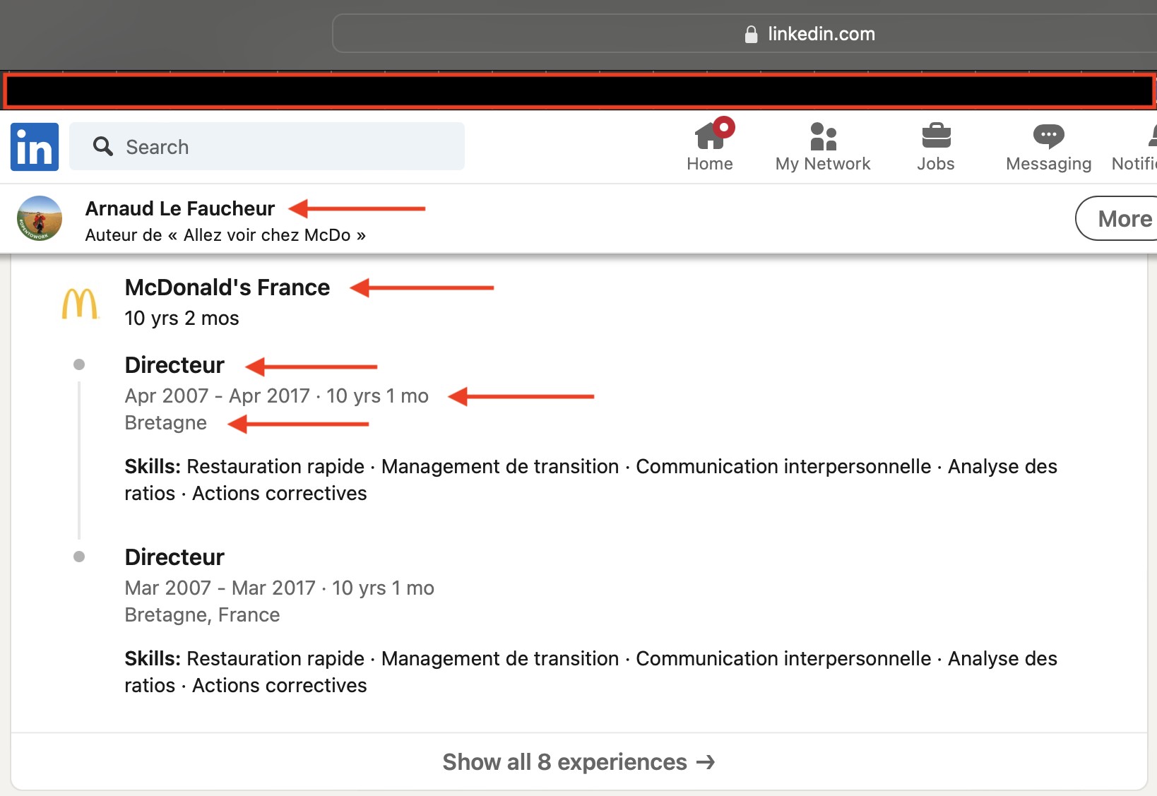Arnaud Le Faucheur LinkedIn showing McDonald's employment